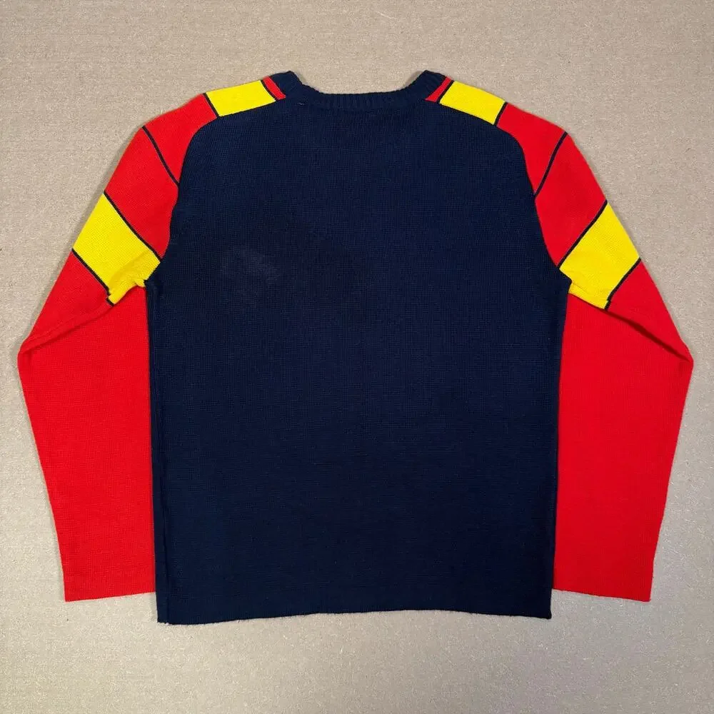 Vintage 80s Color Block Acrylic Sweater Navy Red Yellow Size S Made in Taiwan